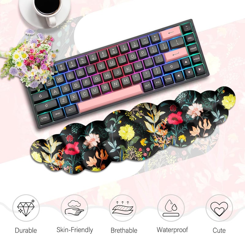 JIKIOU Cloud Wrist Rest Keyboard, Cloud Keyboard Wrist Pad Set with Comfortable Cloth, Cute Arm Rest for Palm Support, PC/Gaming Desk Accessories/Office Setup/Computer Hand Cushion Black Flowers - Image 2